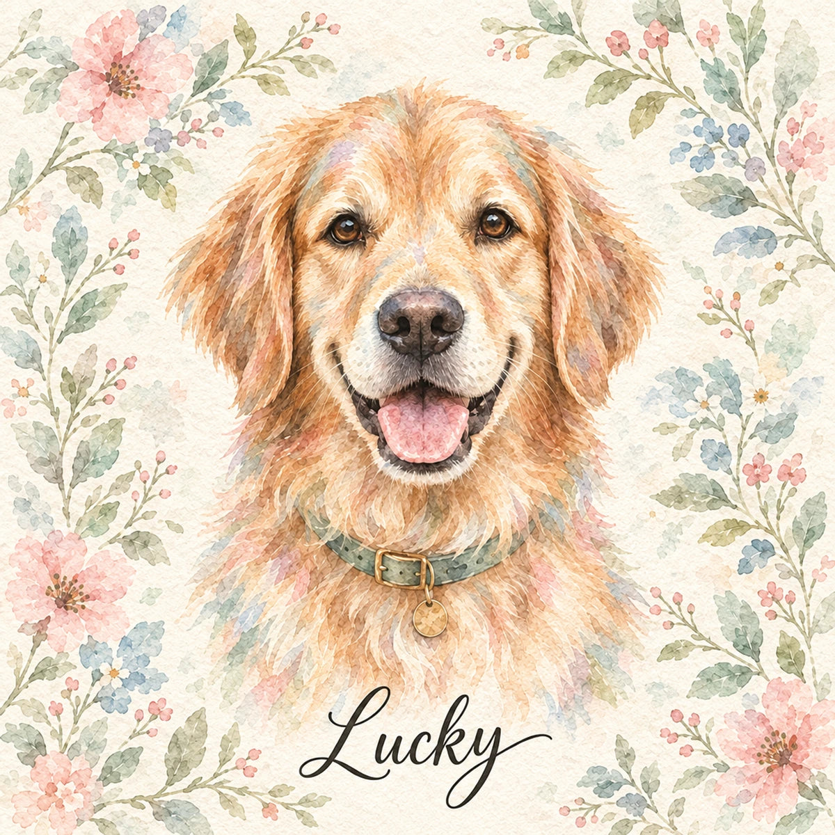 Personalised Wartercolour Flower Dog - Cushion - Cream - Finished artwork