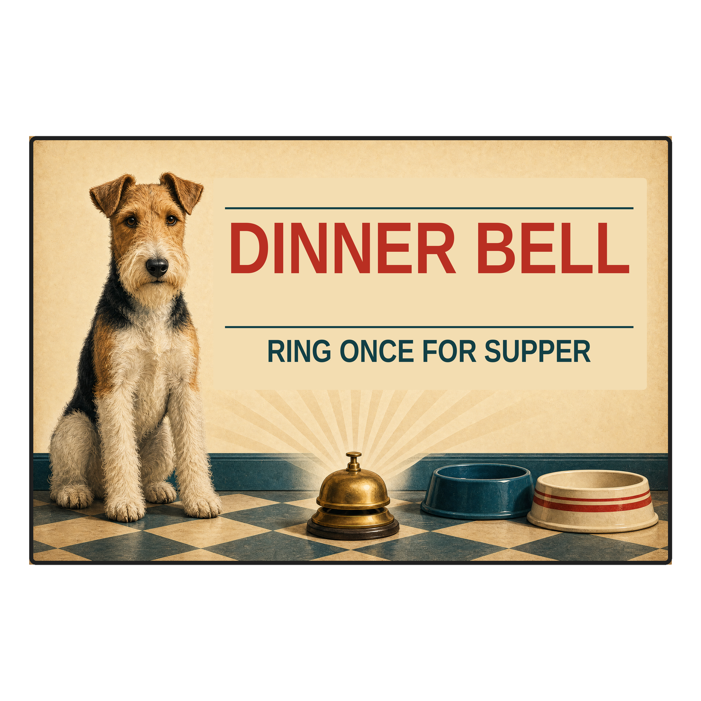 Dinner Bell dog food mat artwork with Ring Once for Supper wording