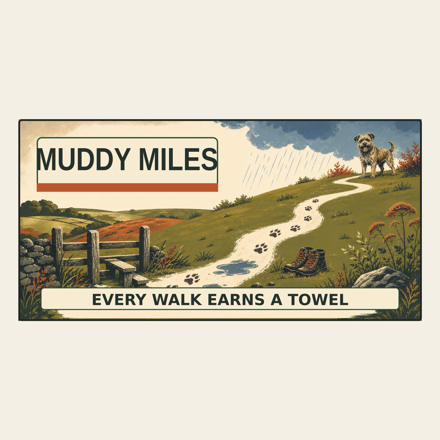 Muddy Miles dog towel exact countryside artwork on a square canvas