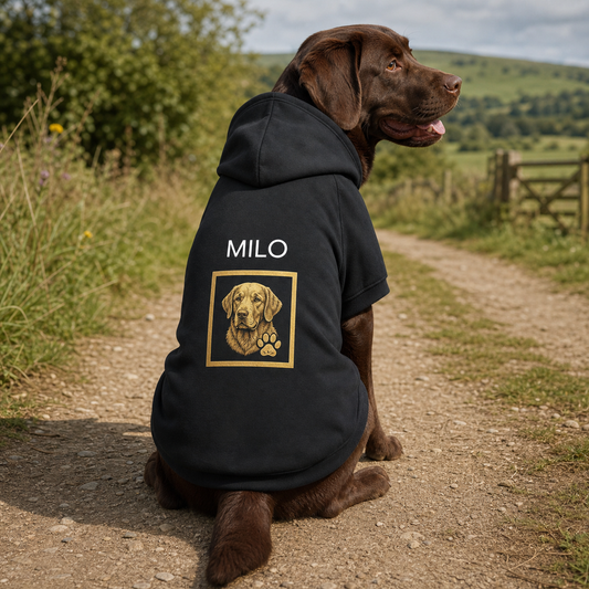 Chocolate Labrador wearing a personalised dog hoodie with text and image