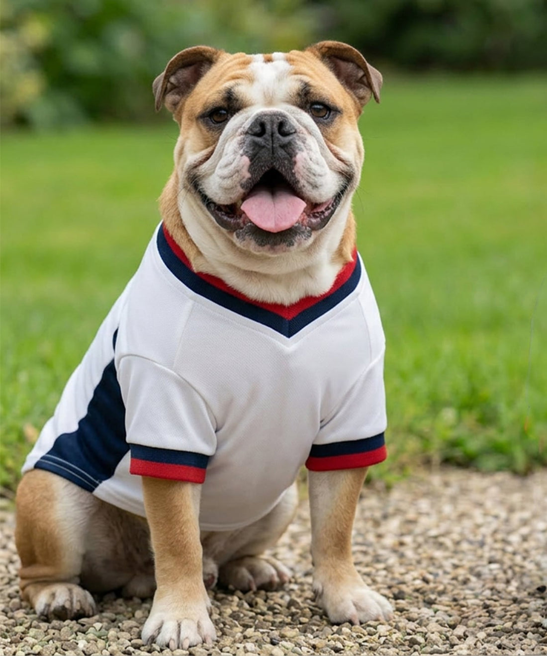 Dog wearing Lucky Pup football T shirt for match day walks