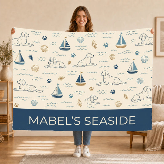 Personalised Dog Blanket – Seaside Snoozer - Cream and Coastal Blue - Held up lifestyle