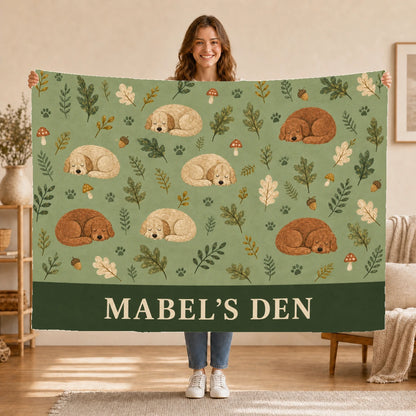 Personalised Dog Blanket – Woodland Dreamer - Sage Woodland - Held up lifestyle