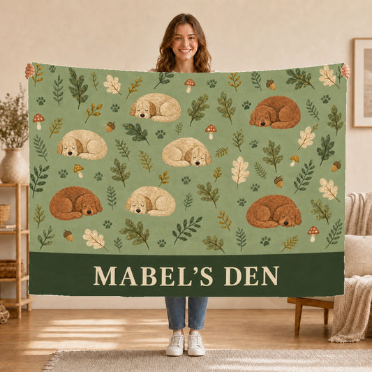 Personalised Dog Blanket – Woodland Dreamer - Sage Woodland - Held up lifestyle