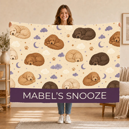 Personalised Dog Blanket – Sunday Snooze Club - Cream and Plum - Held up lifestyle