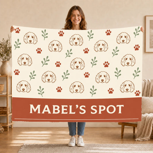 Personalised Dog Blanket – Your Dog’s Spot - Ivory and Terracotta - Held up lifestyle
