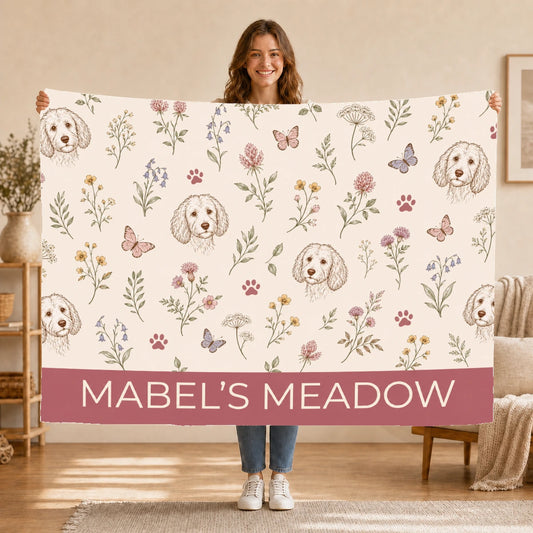 Personalised Dog Blanket – Wildflower Wanderer - Blush Wildflowers - Held up lifestyle