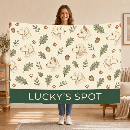 Personalised Dog Blanket – Woodland Walkies - Cream and Forest Green - Held up lifestyle