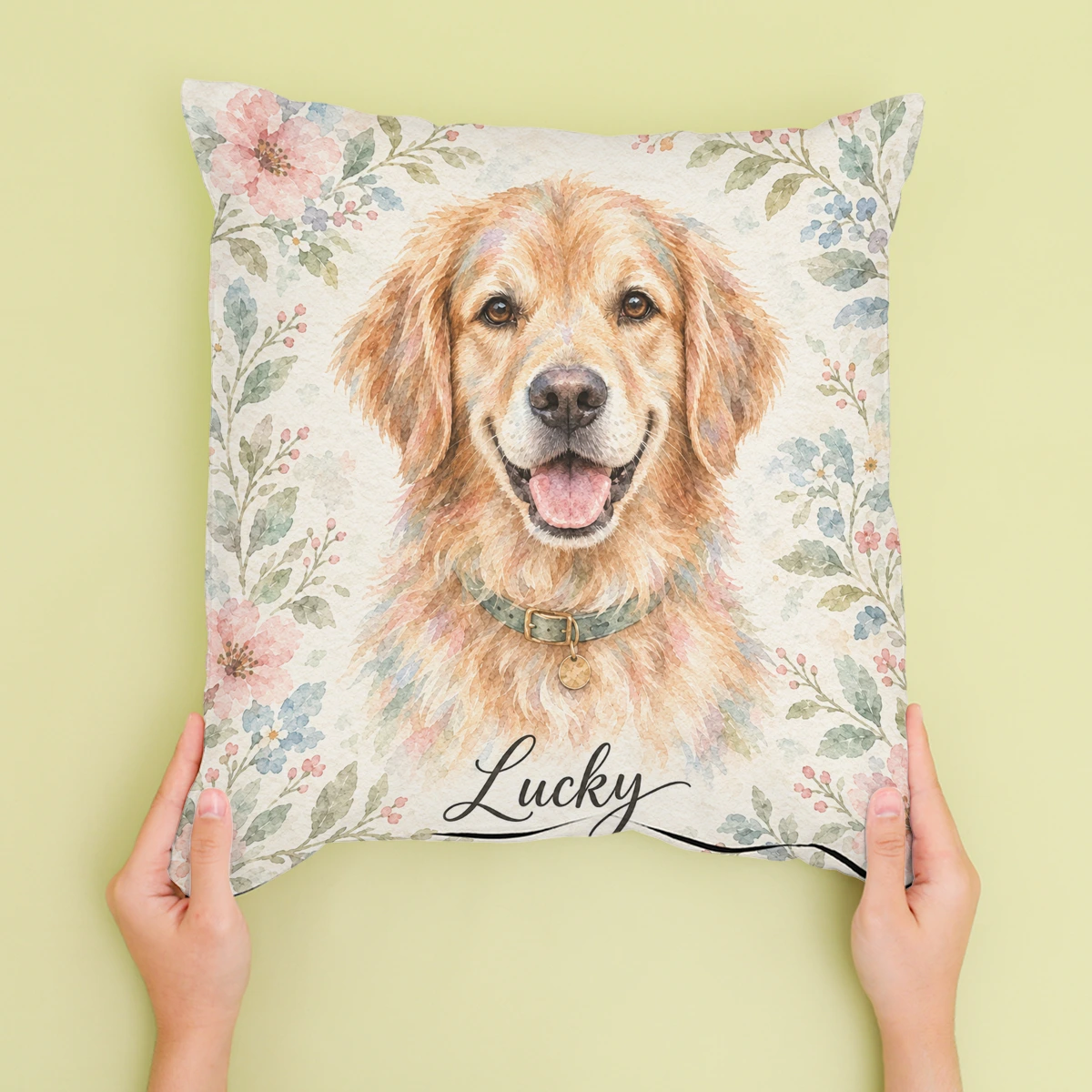 Personalised Wartercolour Flower Dog - Cushion - Cream - Sofa lifestyle