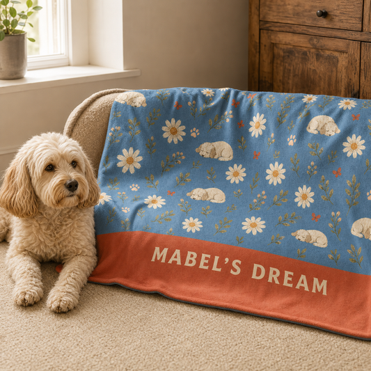 Personalised Daisy Daydream dog blanket with a cream dog