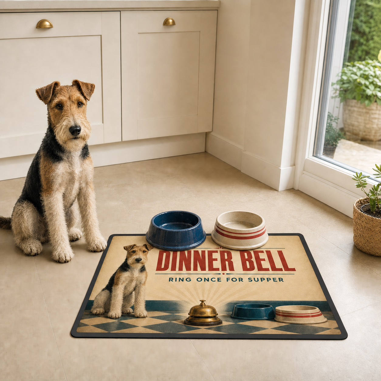 Dinner Bell 60 x 40 cm dog food mat with two bowls and a terrier