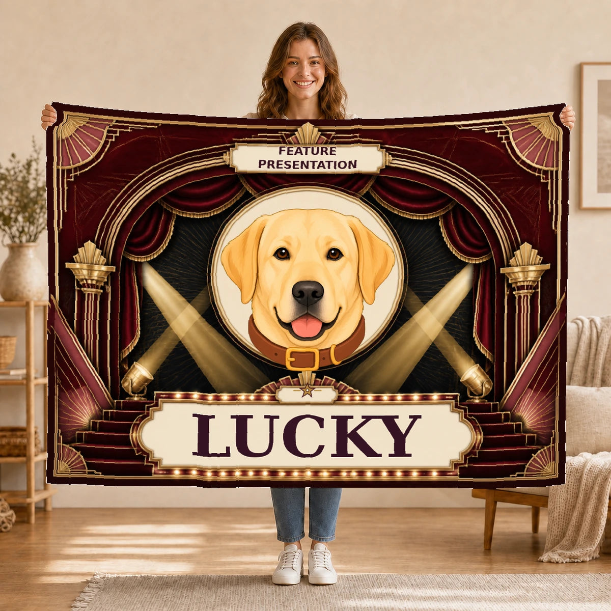 Feature Presentation personalised dog blanket held up