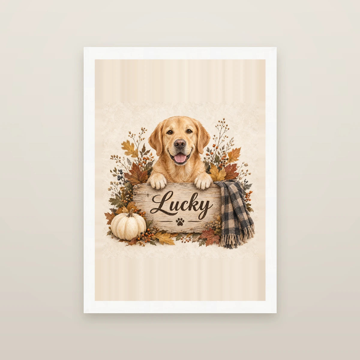 Autumn Dog Framed Print - Cream - White wood frame