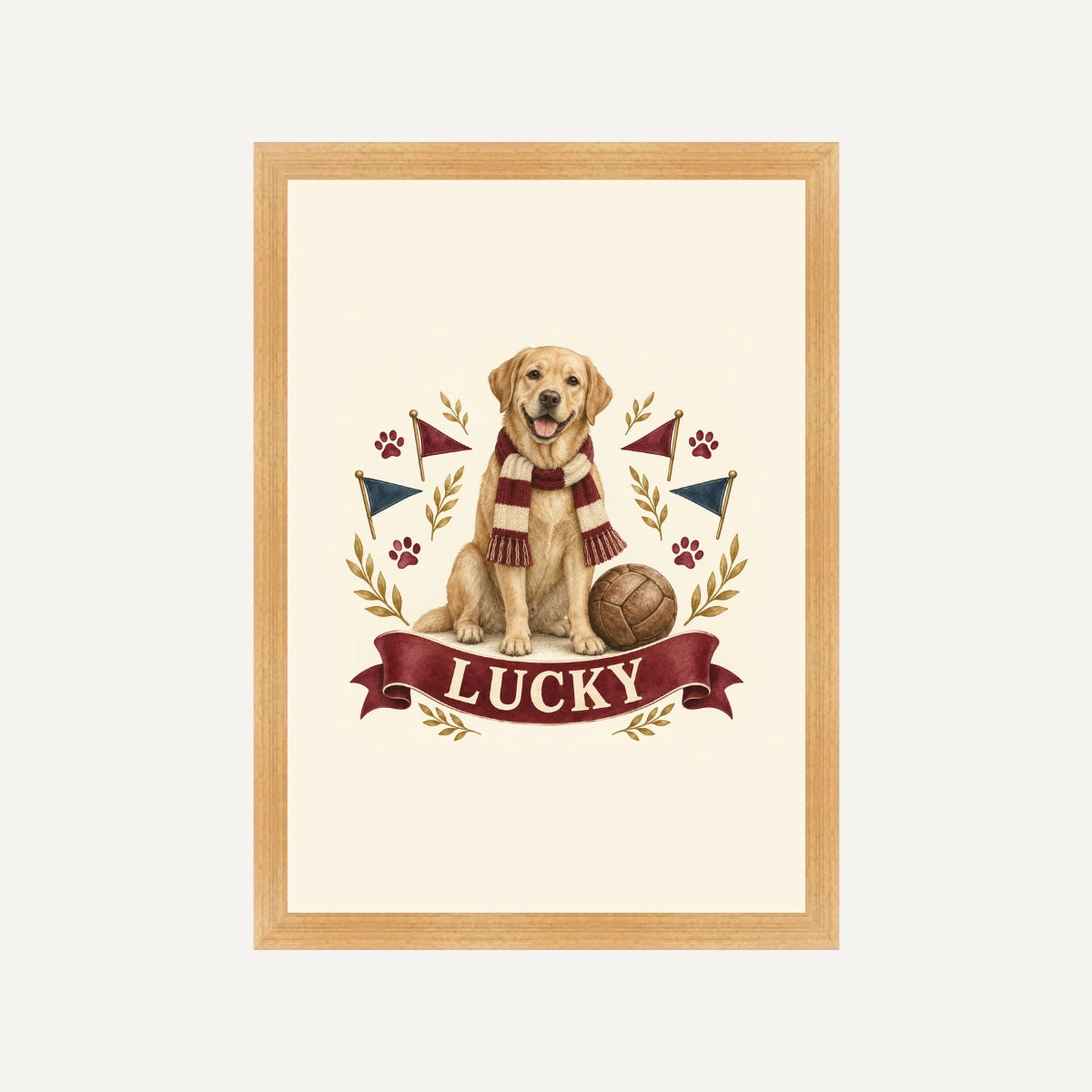 Personalised Dog Framed Print – Football Mascot - Football Mascot - Natural wood frame