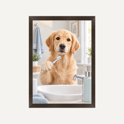 Personalised Bathroom Dog - Framed Print - Cream - Black wood frame