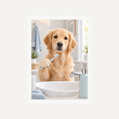 Personalised Bathroom Dog - Framed Print - Cream - White wood frame