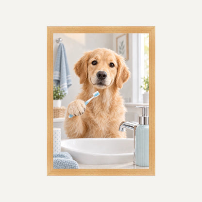 Personalised Bathroom Dog - Framed Print - Cream - Natural wood frame