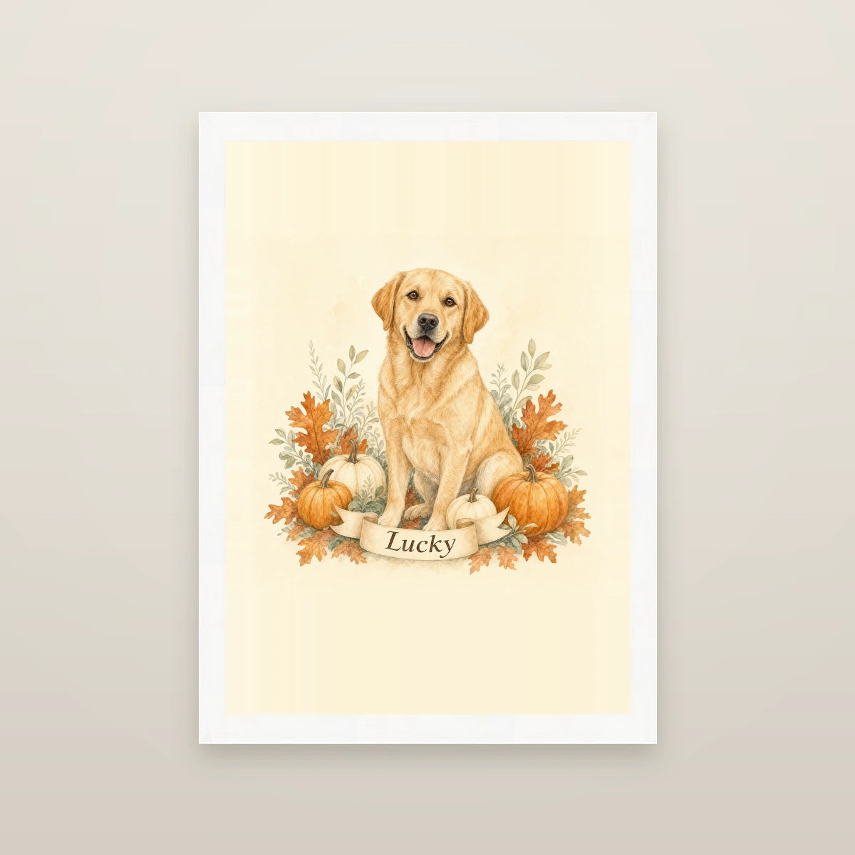 Autumn Pumpkin AI Dog Framed Print - Cream - White wood frame
