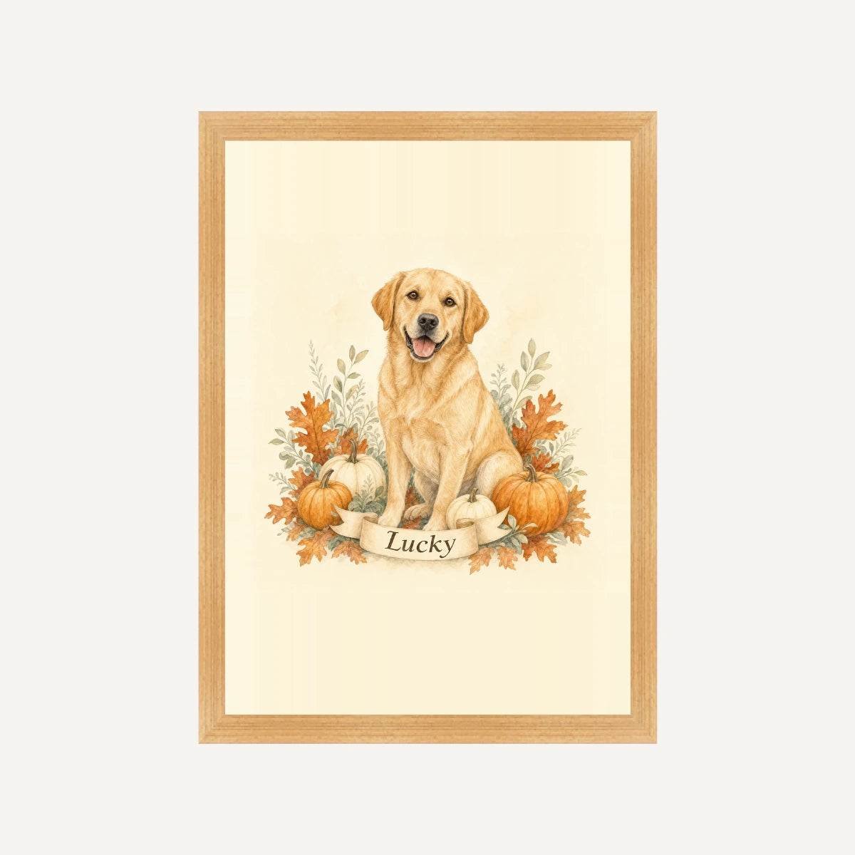 Autumn Pumpkin AI Dog Framed Print - Cream - Natural wood frame