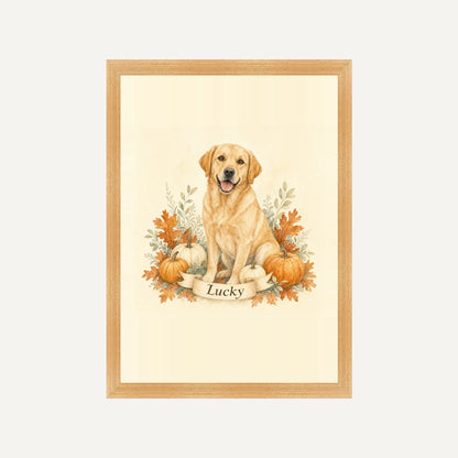 Autumn Pumpkin AI Dog Framed Print - Cream - Natural wood frame