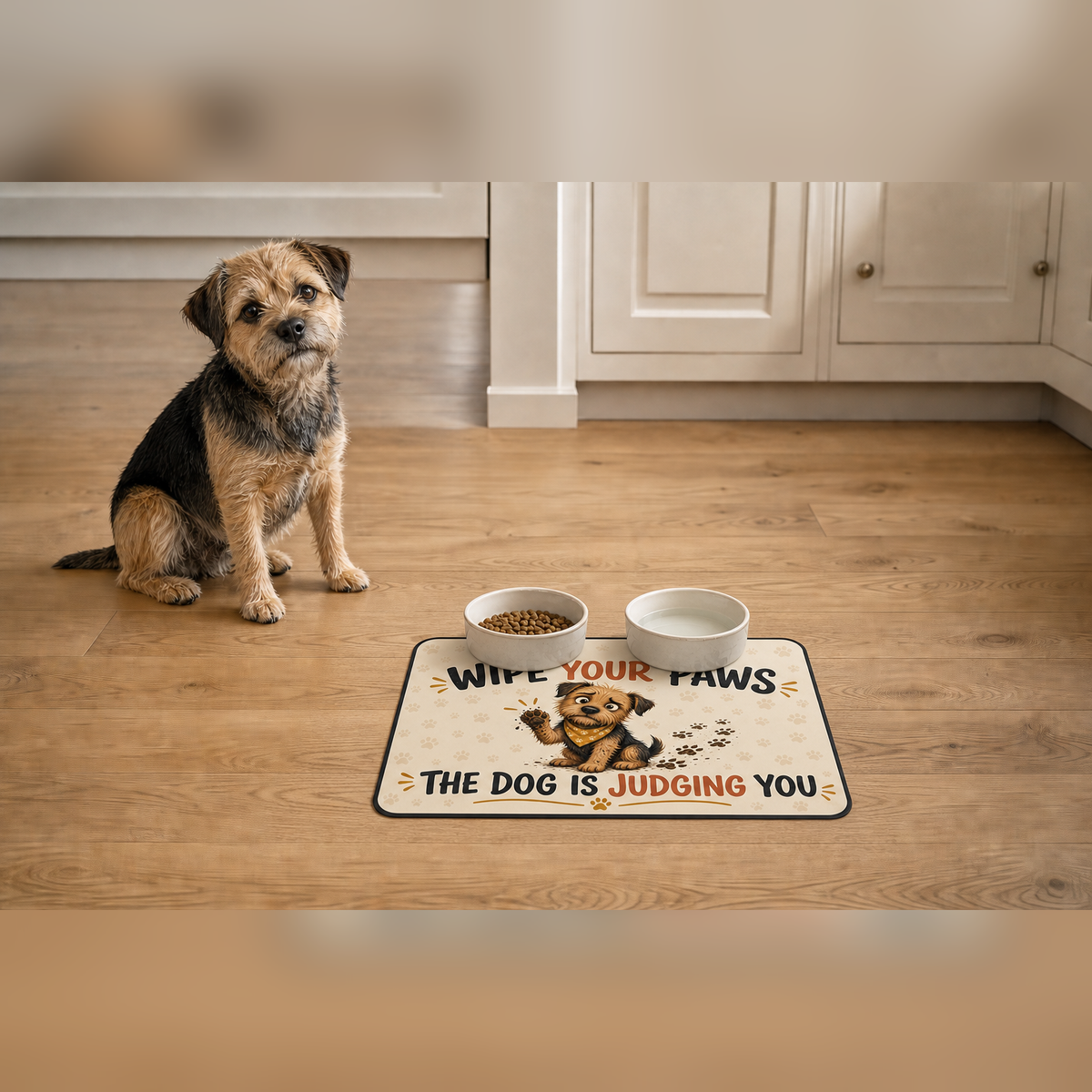 Wipe Your Paws 60 x 40 cm dog food mat with two bowls and a terrier