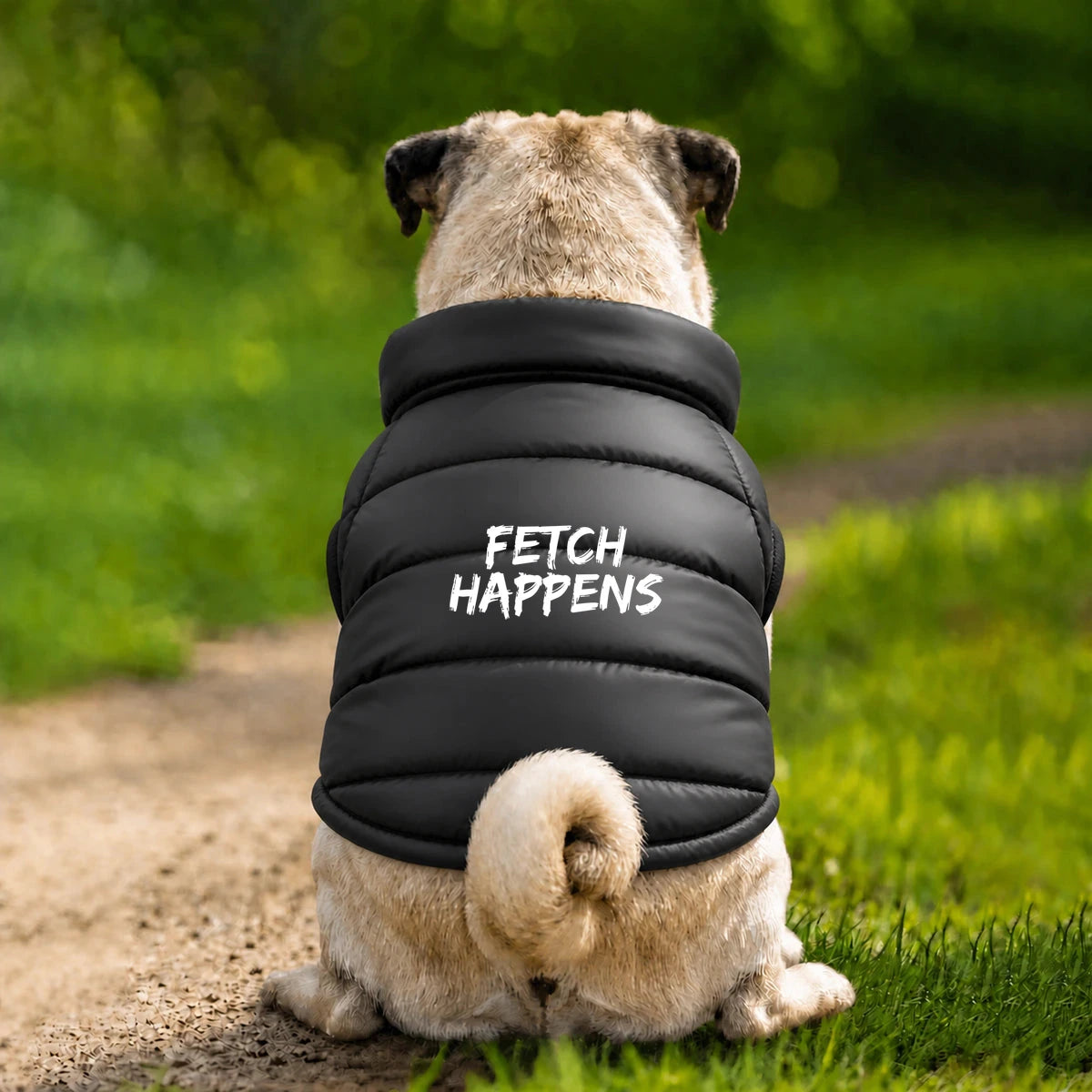 Dog Puffer Jacket – Fetch Happens - Black - Garment preview
