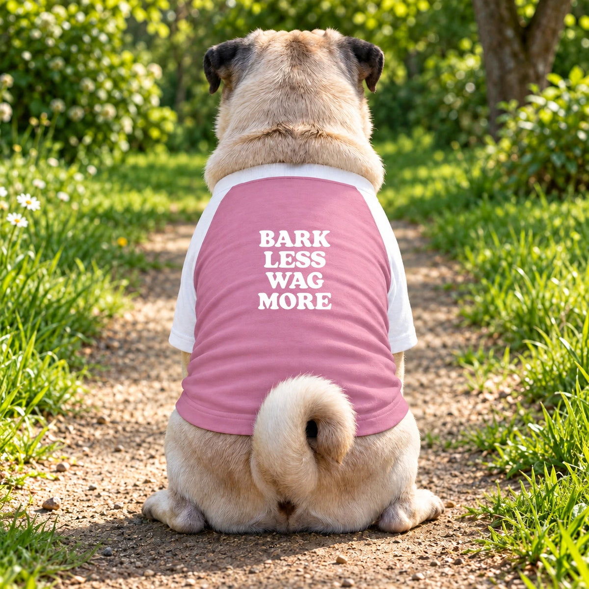 Dog T-Shirt – Bark Less Wag More - Pink/White - Garment preview