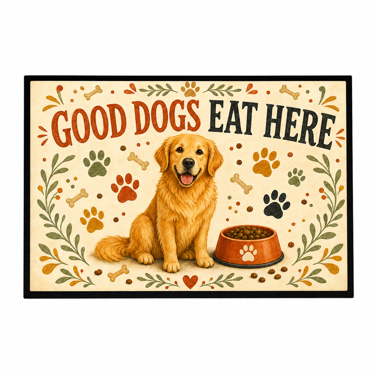 Good Dogs Eat Here 60 x 40 cm dog food mat on the approved white background