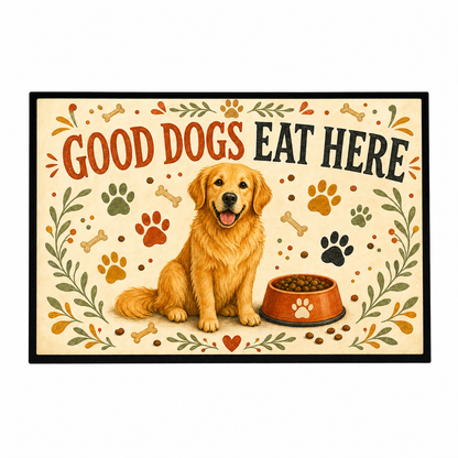 Good Dogs Eat Here 60 x 40 cm dog food mat on the approved white background