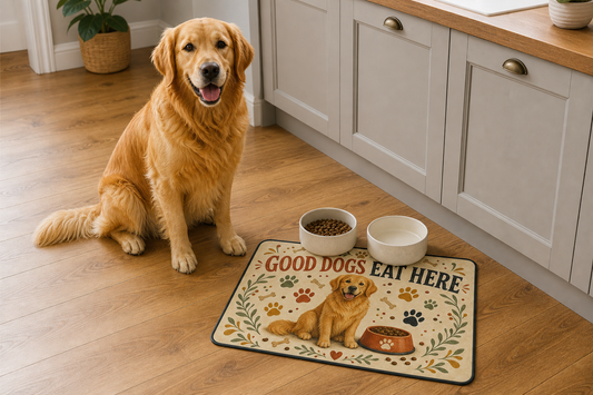 Good Dogs Eat Here 60 x 40 cm dog food mat with two bowls
