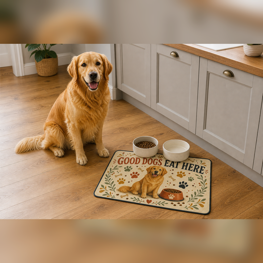 Good Dogs Eat Here 60 x 40 cm dog food mat with two bowls and a golden retriever