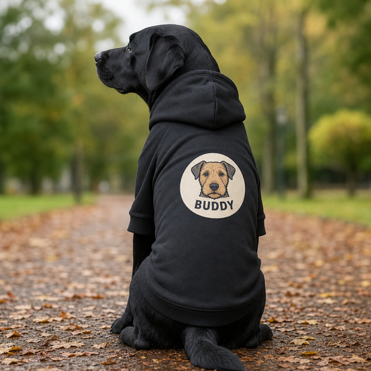 Black personalised dog hoodie with a custom Buddy portrait design