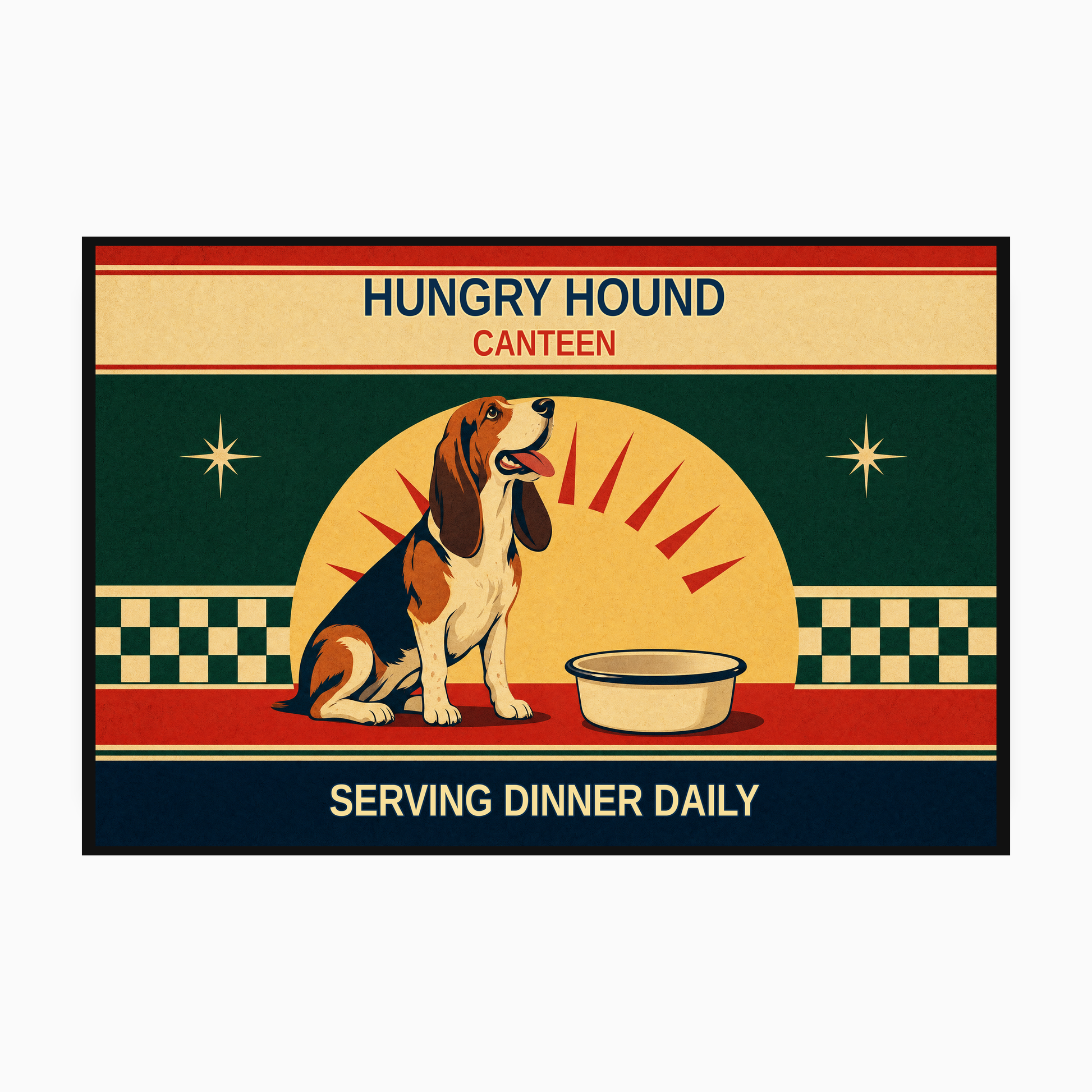 Hungry Hound Canteen dog food mat exact artwork with Serving Dinner Daily wording