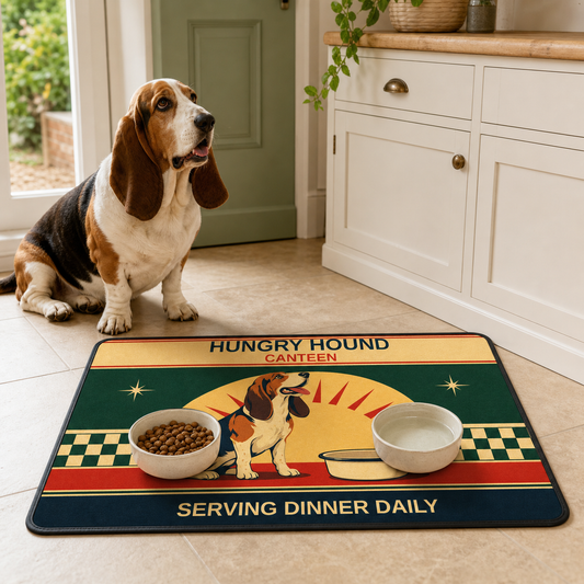 Hungry Hound Canteen 60 x 40 cm dog food mat with bowls and a basset hound