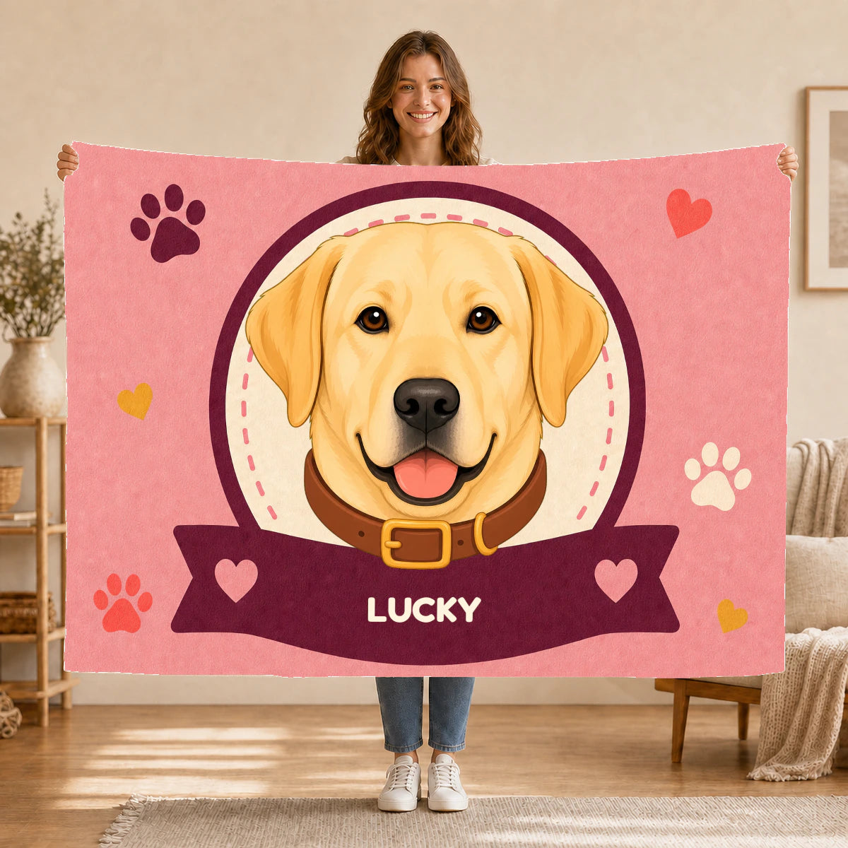 Personalised Dog Blanket – Best Friend Badge - Blush Pink - Held up lifestyle