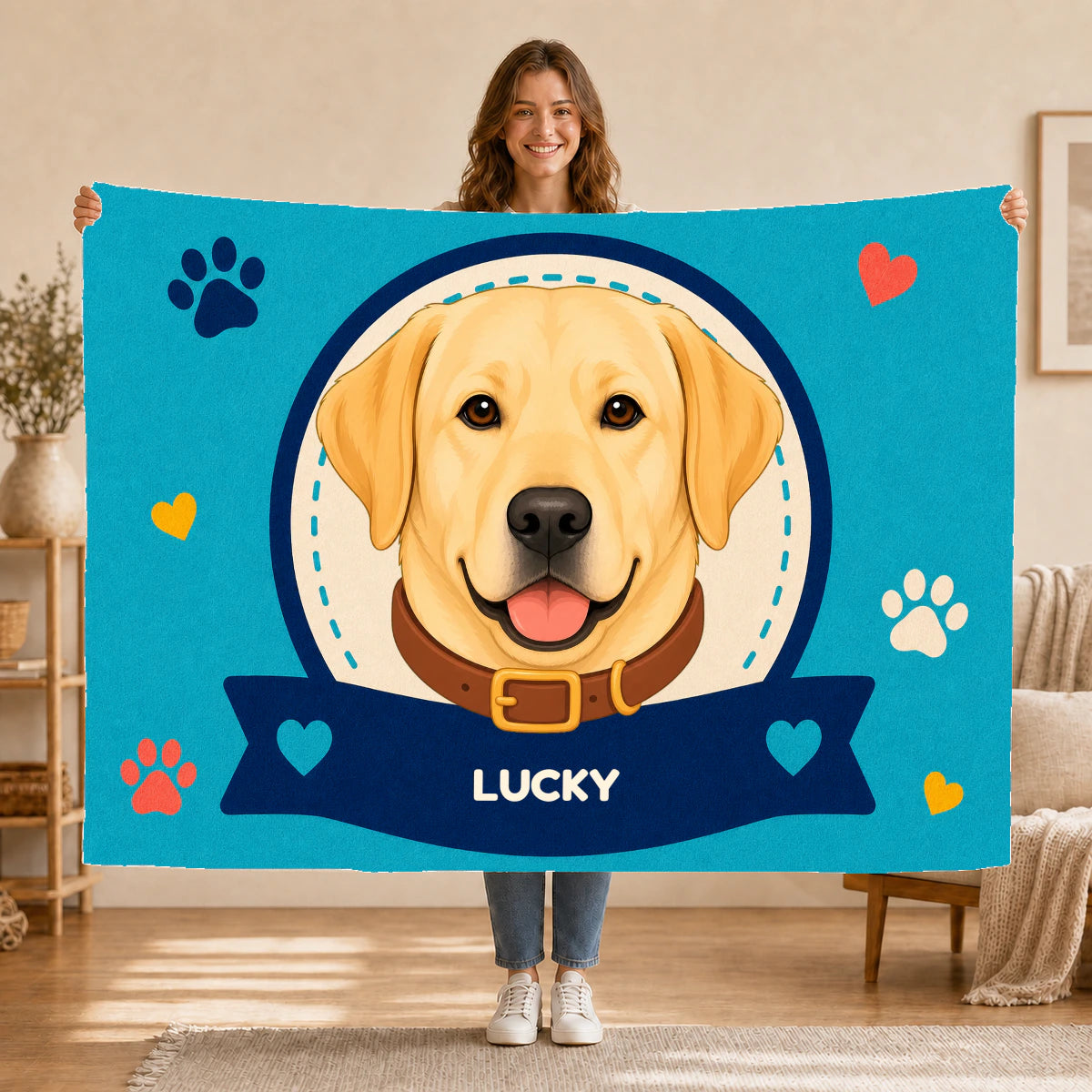 Personalised Dog Blanket – Best Friend Badge - Navy Blue - Held up lifestyle