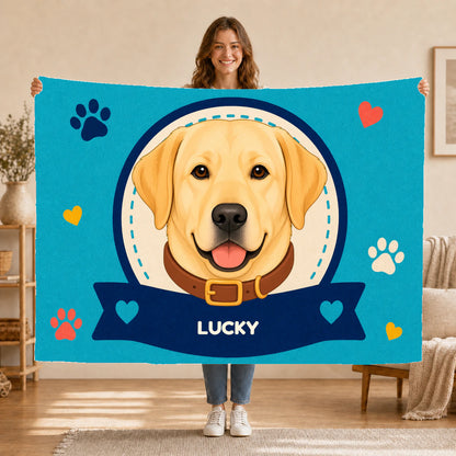 Personalised Dog Blanket – Best Friend Badge - Navy Blue - Held up lifestyle
