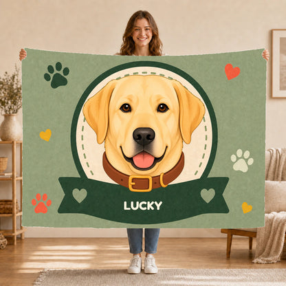 Personalised Dog Blanket – Best Friend Badge - Sage Green - Held up lifestyle