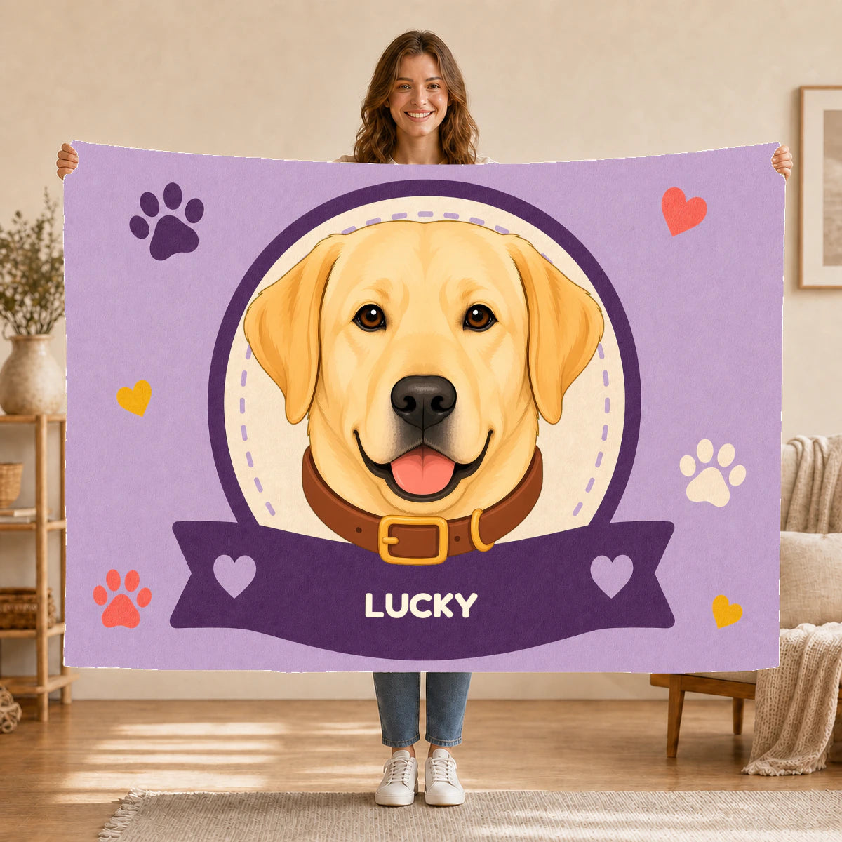 Personalised Dog Blanket – Best Friend Badge - Soft Lilac - Held up lifestyle