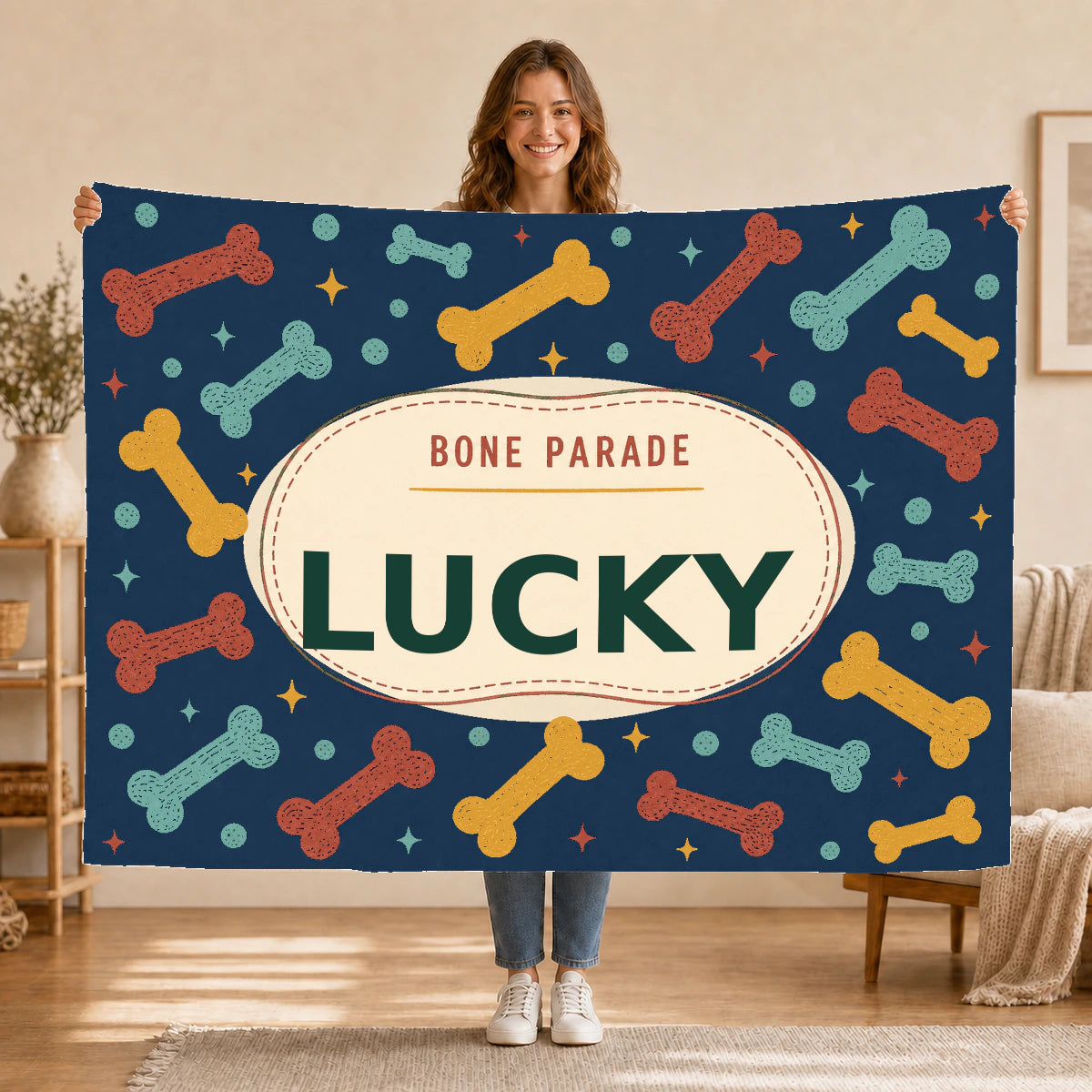 Personalised Dog Blanket – Bone Parade - Deep Navy - Held up lifestyle