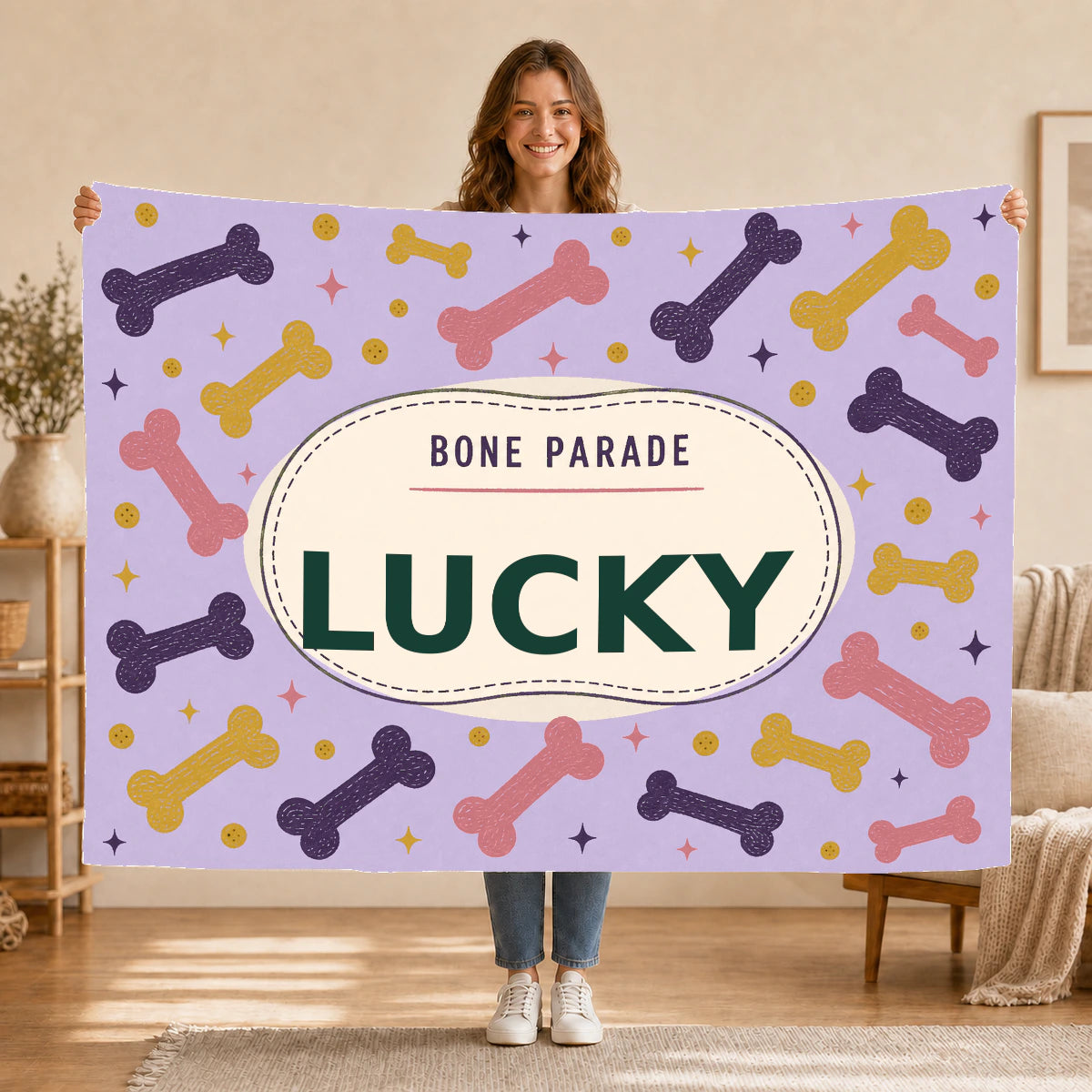 Personalised Dog Blanket – Bone Parade - Soft Lilac - Held up lifestyle