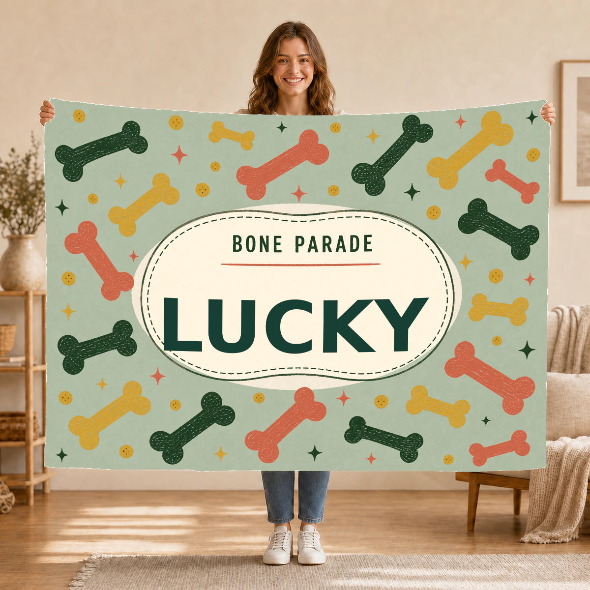 Personalised Dog Blanket – Bone Parade - Soft Sage - Held up lifestyle