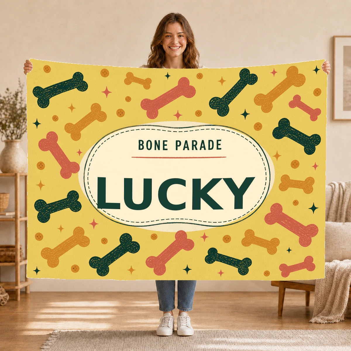 Personalised Dog Blanket – Bone Parade - Sunshine Yellow - Held up lifestyle