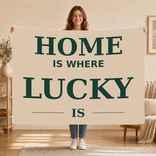 Personalised Dog Blanket – Home Is Where - Warm Oatmeal - Held up lifestyle