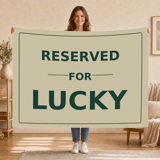 Personalised Dog Blanket – Reserved For - Warm Oatmeal - Held up lifestyle
