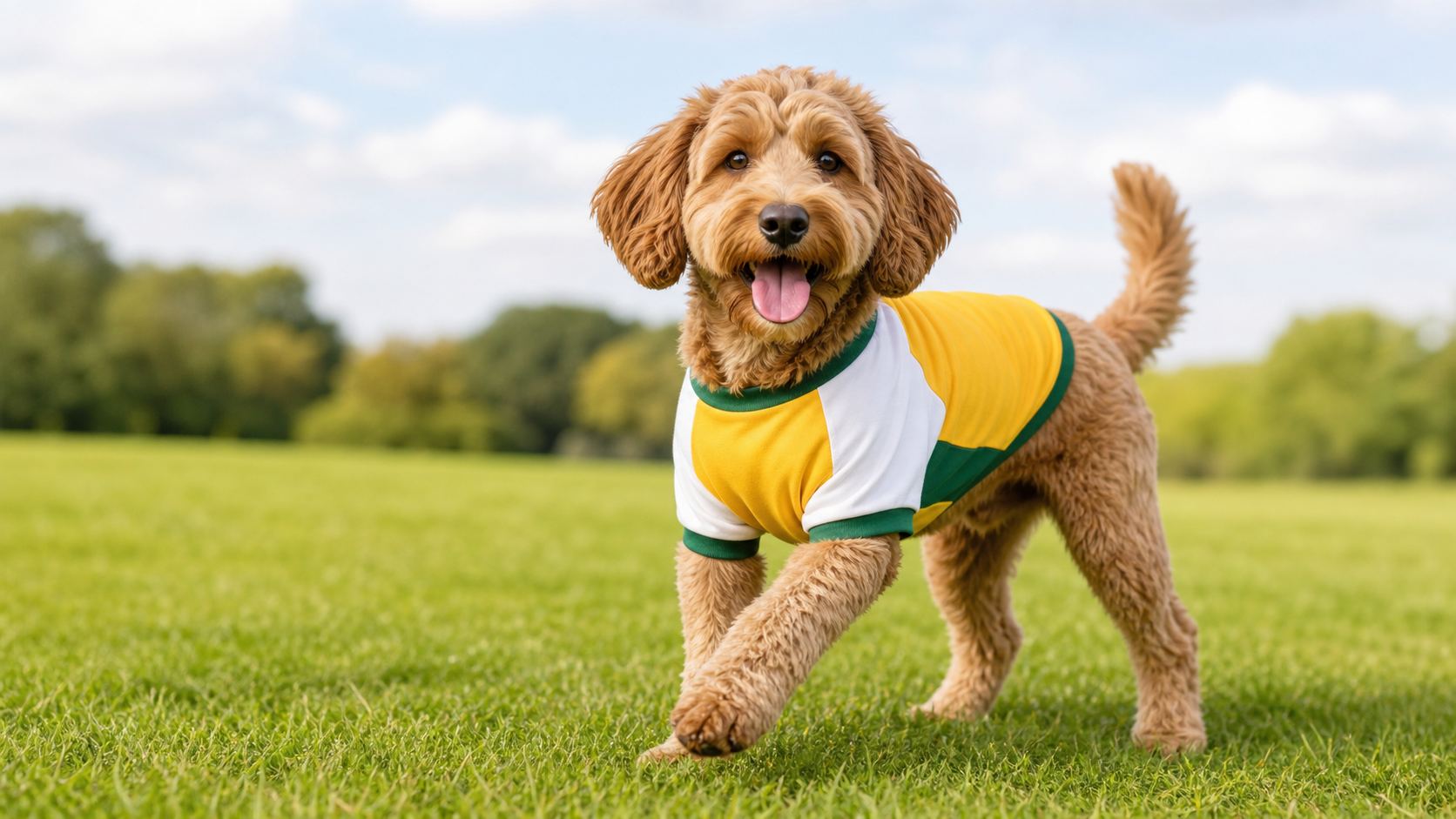 Lucky Pup dog wearing a yellow white and green football T shirt on a summer walk