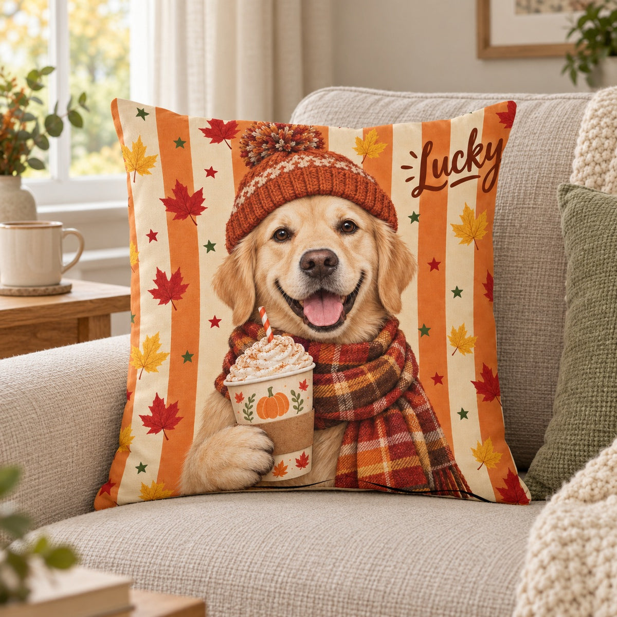 Personalised Autumn Accessories Dog Cushion – Lifestyle hero 20261013 16663379214681
