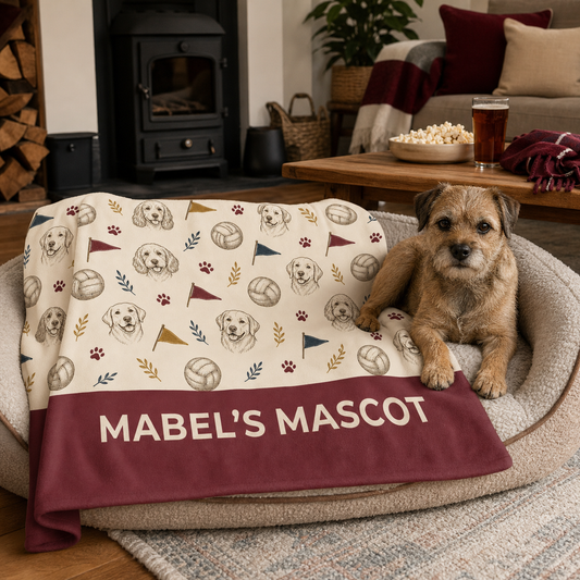 Personalised Match Day Mascot dog blanket in a cosy dog bed