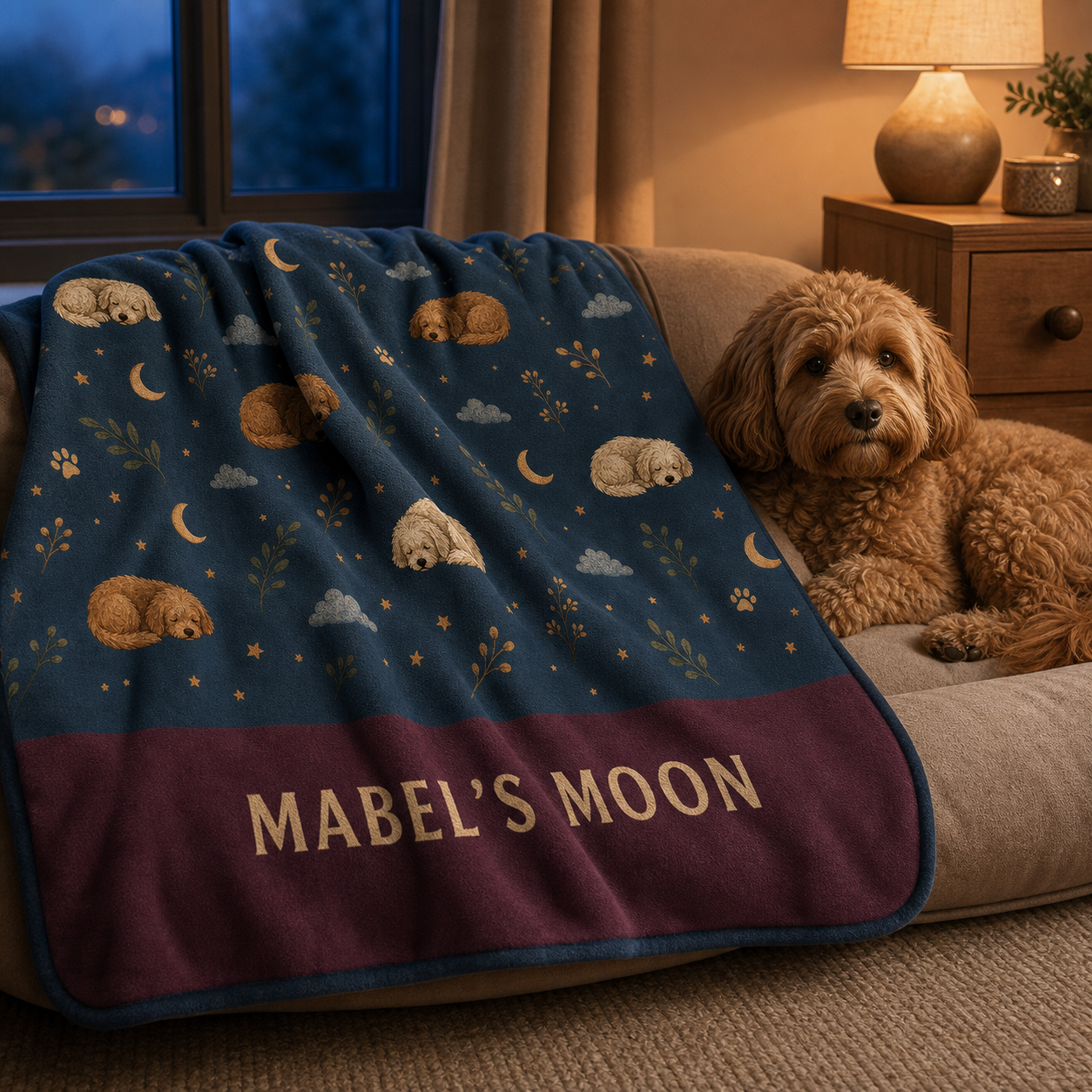 Personalised Moonlit Snooze dog blanket with a caramel dog