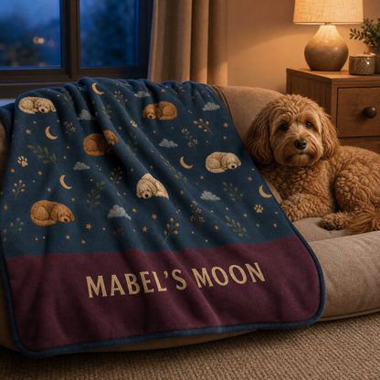 Personalised Moonlit Snooze dog blanket with a caramel dog